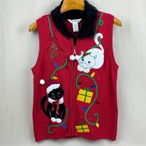 Sophia Jayne Christmas Cats Full Zip Faux Fur Collar Red Sweater Vest Size Small